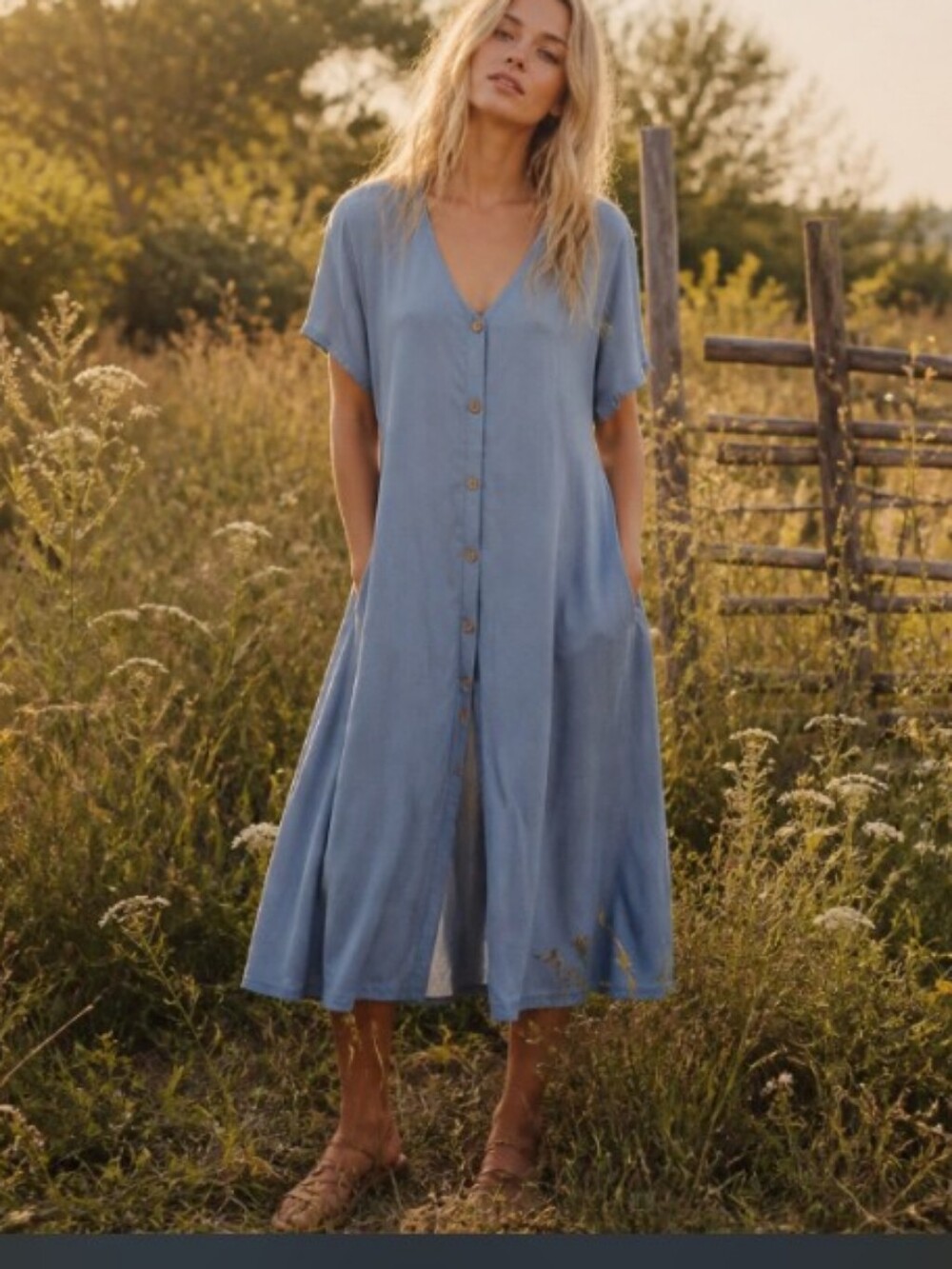 V-Neck Blue Button-Front Midi Dress with Pockets